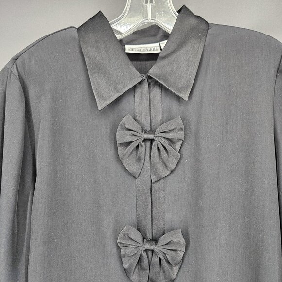 christie & jill Tops - Vintage Christie and Jill Shirt Blouse Women Medium Black Bow Satin Trim 90s NEW